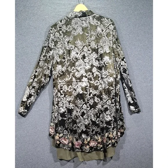 Chicos Velvet Burnout Floral Duster Cardigan Olive Green Silver Size 2 Large - Picture 2 of 8